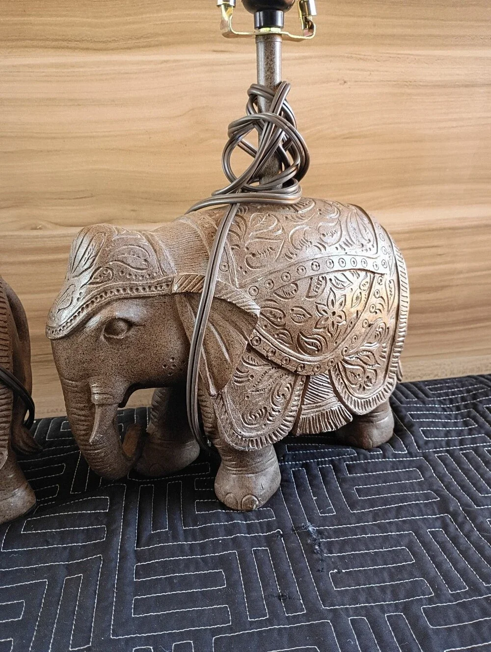 Hand-Carved Brown Elephant Table Lamps - Decorative Pair